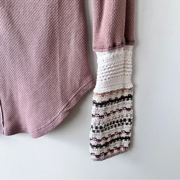 Free People Boho Tan Alpine Ski Lodge Thermal Knit Cuff Newbie Henley Size L - Picture 5 of 11